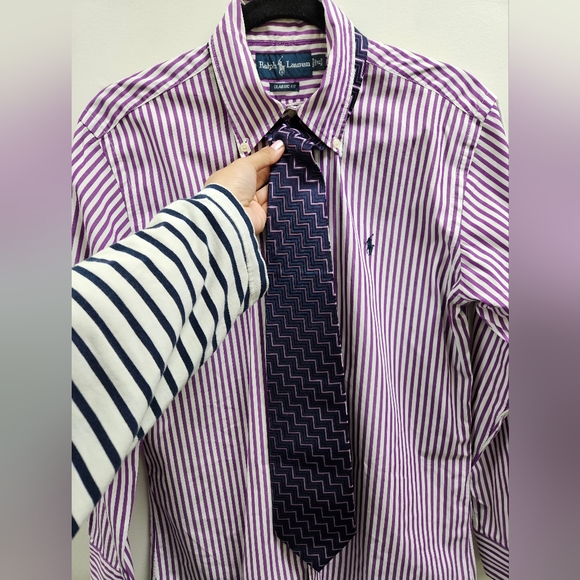 Ralph Lauren Men's Classic Fit Striped Poplin Shirt - Size 15 in Purple/White - Picture 9 of 14